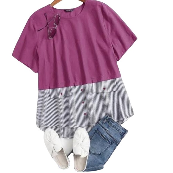 Shein Curve 100% Cotton mixed pattern shirt with seersucker bottom Size 1XL - Picture 1 of 10